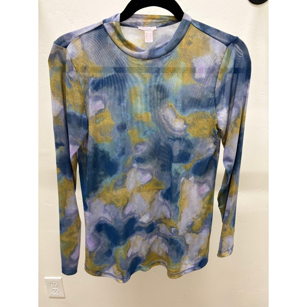 Logo Layers Womens XS Blue Gold Watercolor Mesh Mock Neck Long Sleeve Top